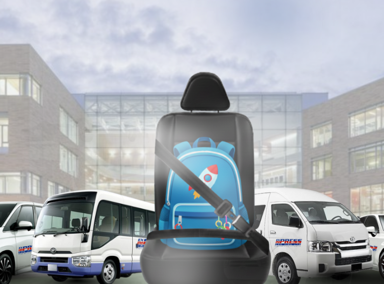 Different vehicle types available for school runs and transfers including saloon cars, buses, and vans.